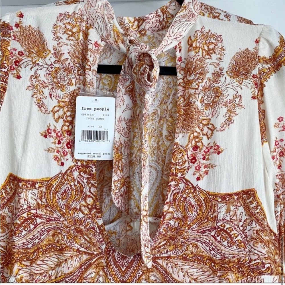 NWT FREE PEOPLE Lady Luck Tunic Dress Rust Ivory Open Back Tie Long Sleeve XS - Picture 7 of 12